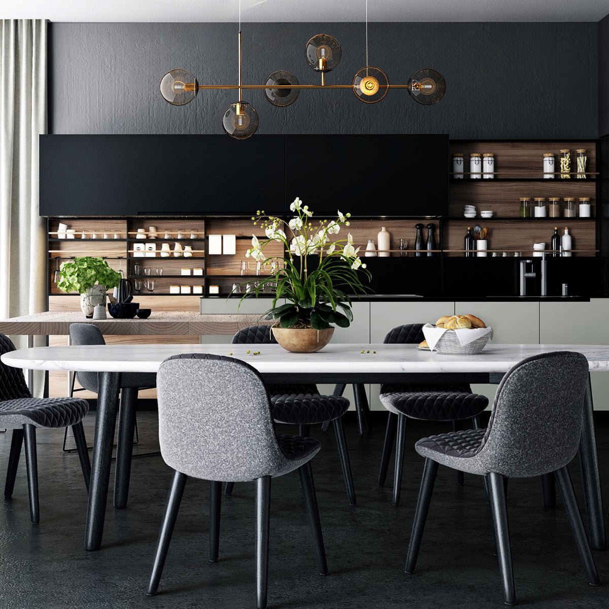 Malin Globus - Nordic Modern Gold 6-Bulb Chandelier Kitchen Island Dining Room - Contempo.haus